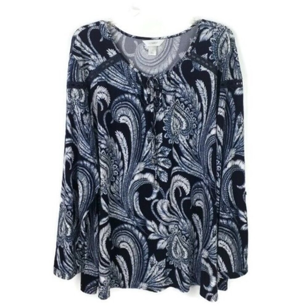 CJ Banks Blue White Floral Plume Print Long Sleeve Knit Top Womens Plus 3X
